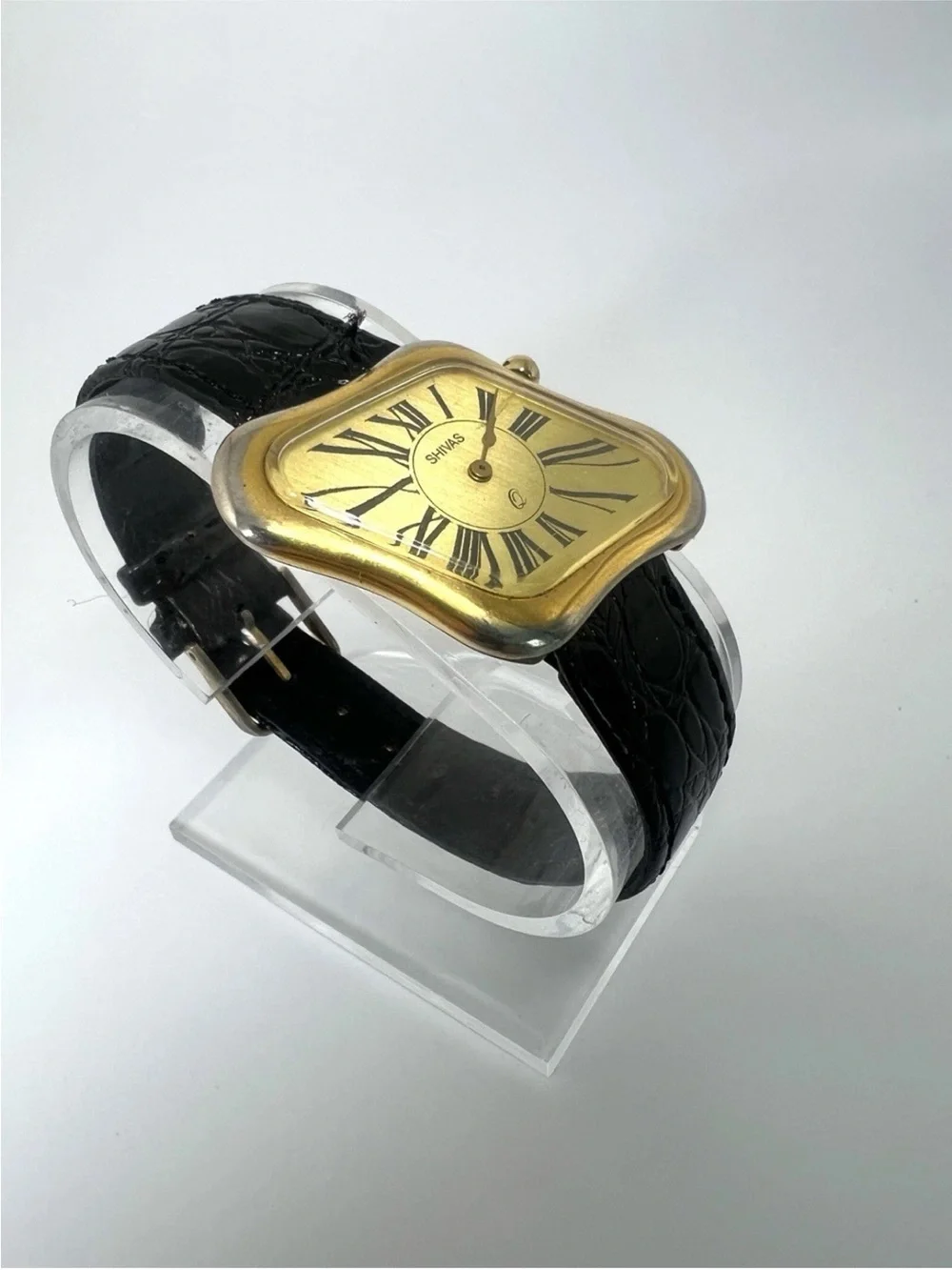Shivas Gold-Tone Square Dial Watch with Black Leather Strap